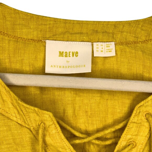 Maeve by Anthropologie Marva Lace Up 100% Linen Top Mustard Yellow US 6 - Picture 3 of 8